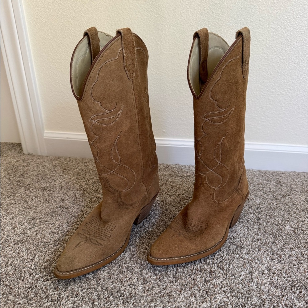 Vintage Acme Tan Suede Cowboy Western Boots Women Size 6.5D Made In US